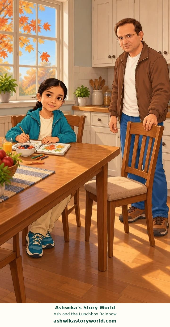 Dad stands beside Ash’s kitchen table and pulls up a chair
