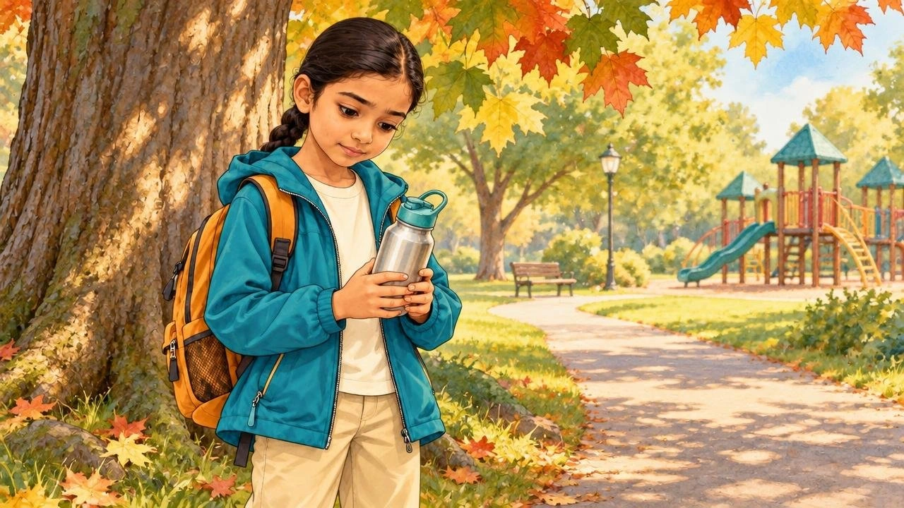 Ash holds her reusable water bottle beside a maple tree in the park
