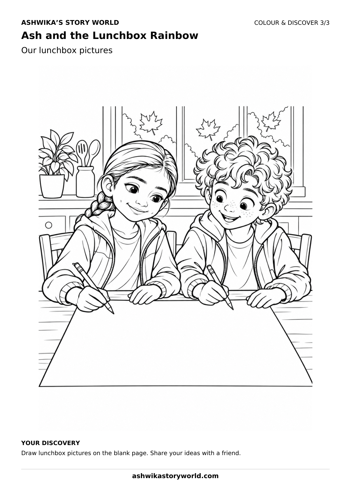 A picnic together — Ash and the Lunchbox Rainbow branded colouring sheet