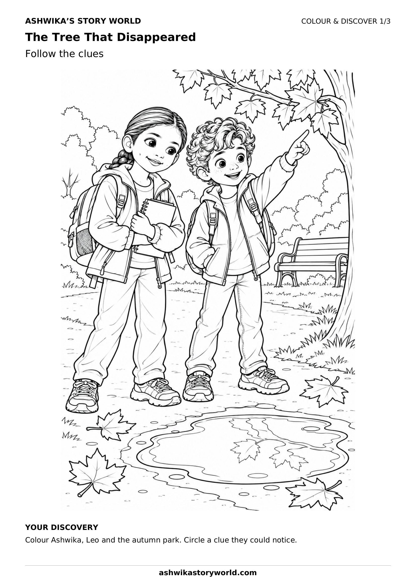Follow the clues — The Tree That Disappeared branded colouring sheet