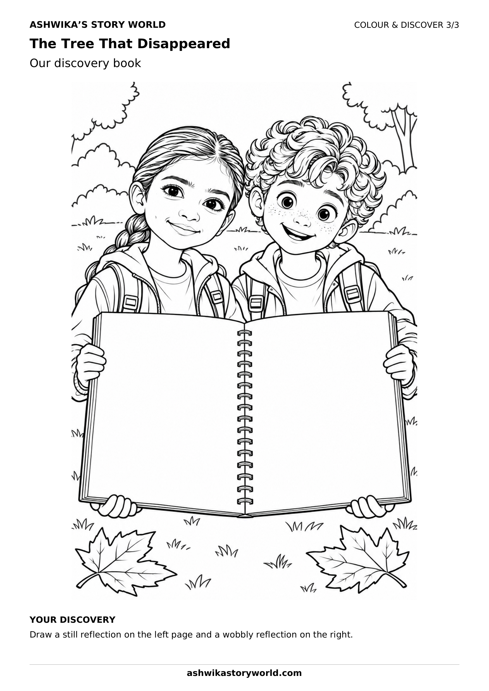 Our discovery book — The Tree That Disappeared branded colouring sheet