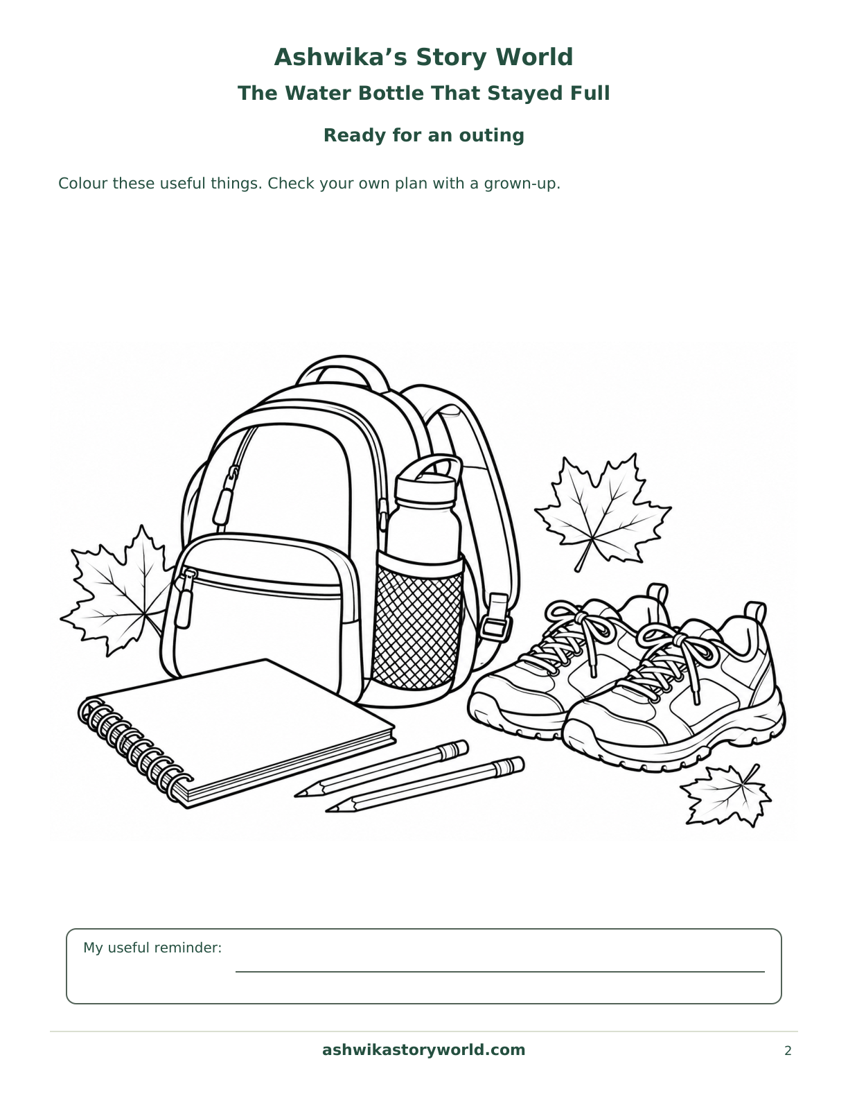 Ready for an outing — The Water Bottle That Stayed Full branded colouring sheet