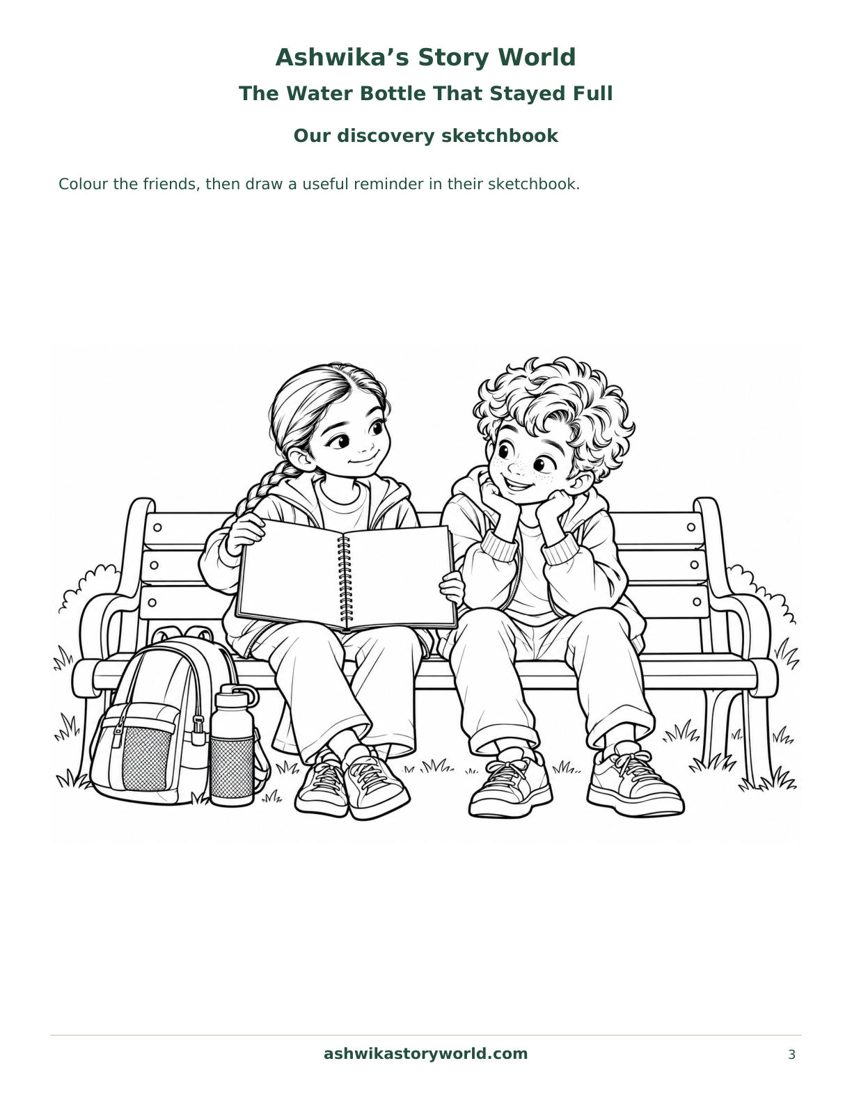 Our discovery sketchbook — The Water Bottle That Stayed Full branded colouring sheet